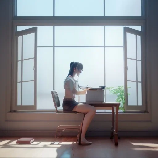 female student studying by the window, anime style, unreal engine 5, cinema4d, sun light, studio lighting --ar 1:1 --v 4