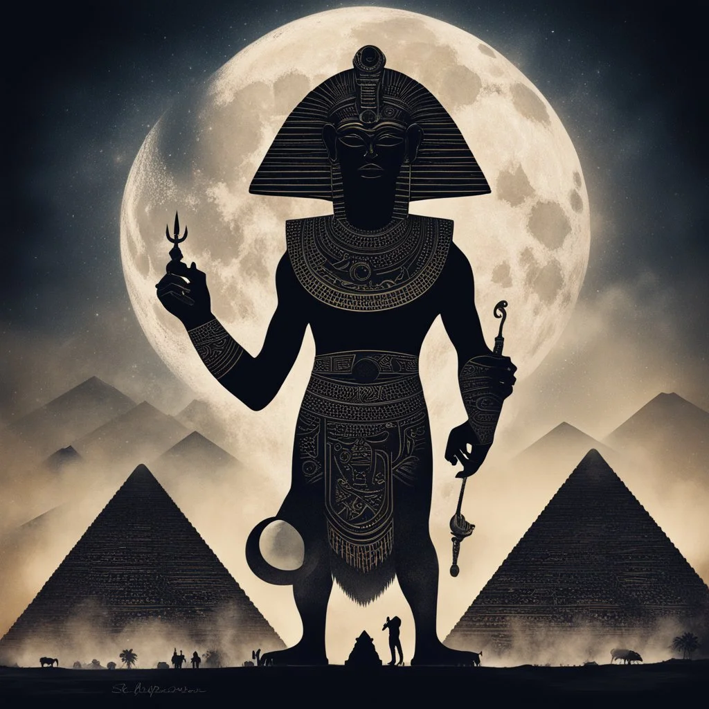 double exposure silhouette of brilliant fantastical Egyptian Bes God, moon rise over Giza pyramids, Lovecraftian Hieroglyphic symbology, intricately detailed, hyper-detailed; complex contrast, incredible composition; dynamic lighting; meticulously composed concept art, masterpiece, heavy metal Album Cover by Wes Benscoter, Reflections, cell-shaded, macabre, sinister