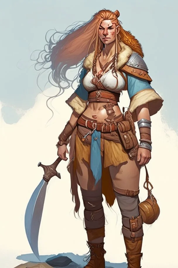 female aasimar barbarian wearing traveling clothes