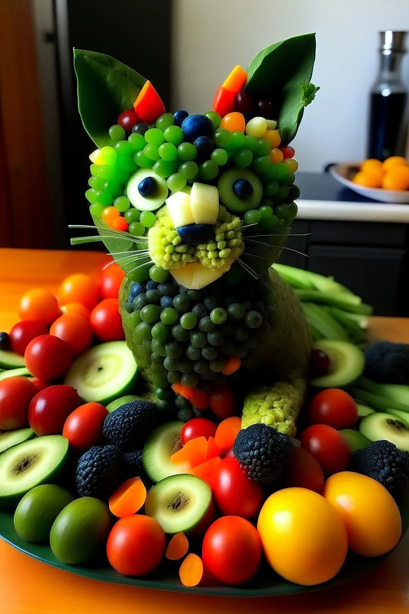 un chat fabriqué uniquement avec des morceaux de légumes et de fruits.