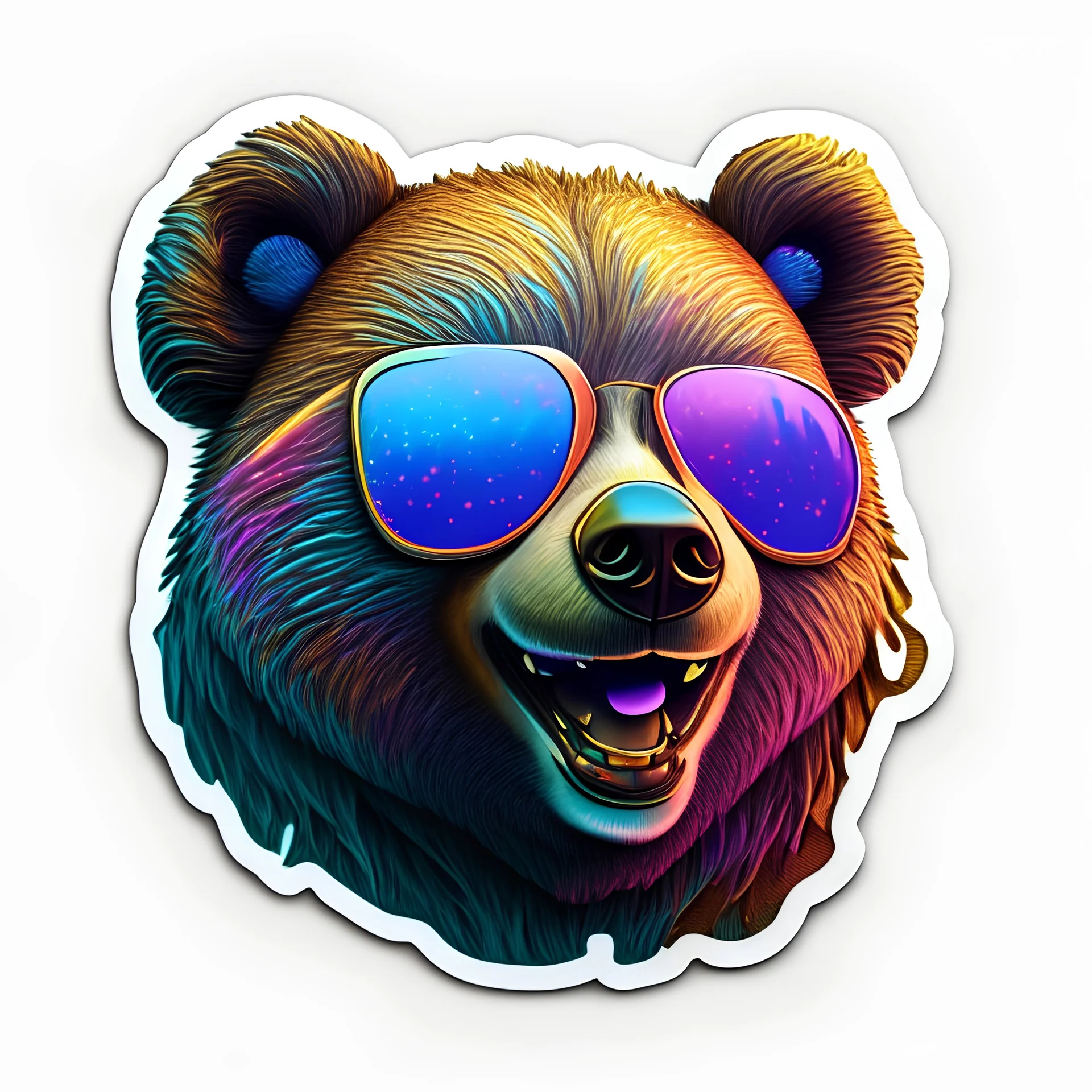 sticker on white background, 3d Head of a Bear with sunglasses, psychedelic, octane render, unreal engine 5, DMT art, funny, smiling