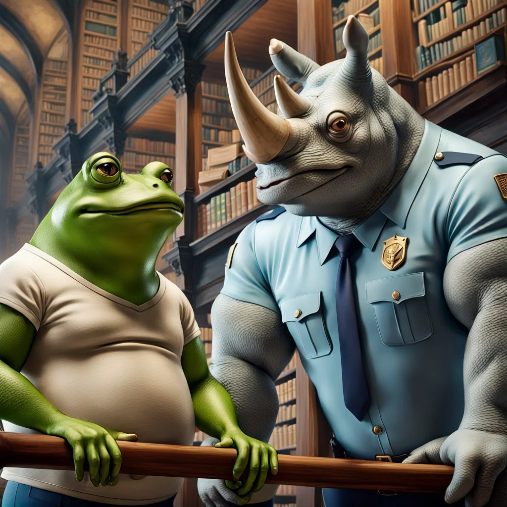 close up photo from a yellow-green color big and fat anthropomorphic frog in simple human clothes talking with a gray strong anthropomorphic rhinoceros without horns in blue modern security guard clothes, they talking and elbowing on an old wooden railing next to each other, in background a bibliothek with tall book shelves, detailed sci-fi, fantasy mood