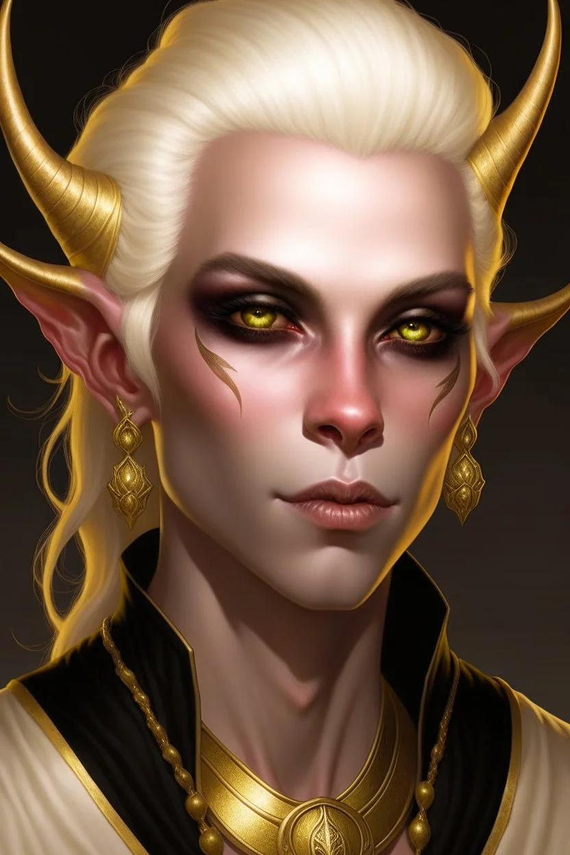 young man tiefling with white blonde hair and gold jewelry, wearing white and gold, demon eyes with no pupils