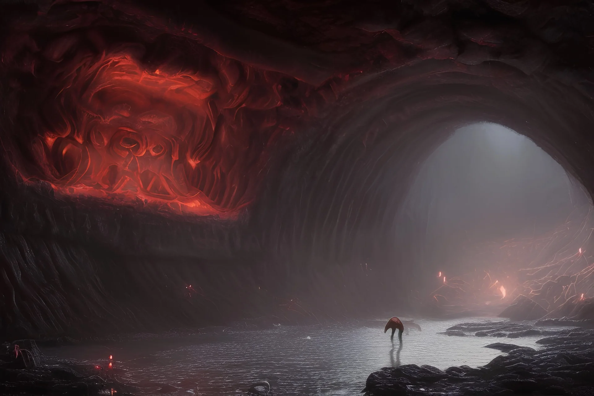 Oil painting of an Balrog inside mines of moria in the style of impressionism,high detail, dark, mysterious, 8k, fog, oil painting style, abstract, you shall not pass