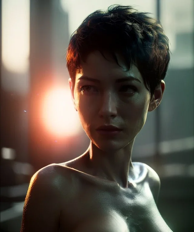 Ultra realistic photographic night portrait, cinematic, naked, short hair <sexy woman> <hanging wires> many wires coming out of the head <perfect pupil> <cyborg> <garage> <wide angle Shot> <sci-fi futuristic> <thriller>, fog, soft color, highly detailed, unreal engine 5, ray tracing, RTX, lumen lighting, ultra detail, volumetric lighting, high definition.