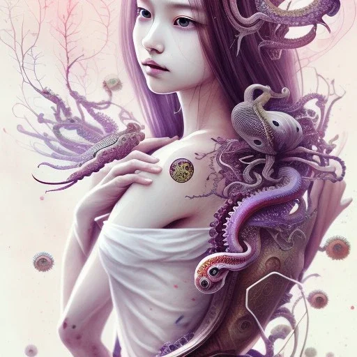 samurai, Girl, full body, squid, intricate detail ,Asian woman, leaning pose, watercolor illustration by <agnes cecile> butterflies everywhere, skulls, centipede, insects, nest, octopus, fly, squid, multiple eyes everywhere, Dryad, plants, wildflower,