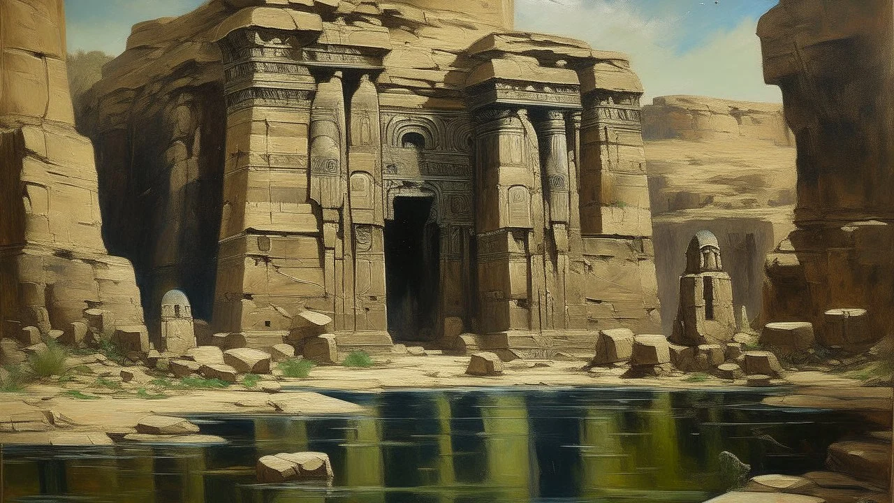 An oil painting depicting the submerged ruins of the Rock Temples in Aswan. A large, ancient stone structure, composed of layered, rough-textured rock formations, is the central subject. The structure shows signs of weathering and decay, with visible cracks and crevices. Light streams down from above, highlighting parts of the structure and creating dramatic shadows. The colors are muted earth tones, including various shades of browns, tans, and greens, with hints of blues and teal in the ba