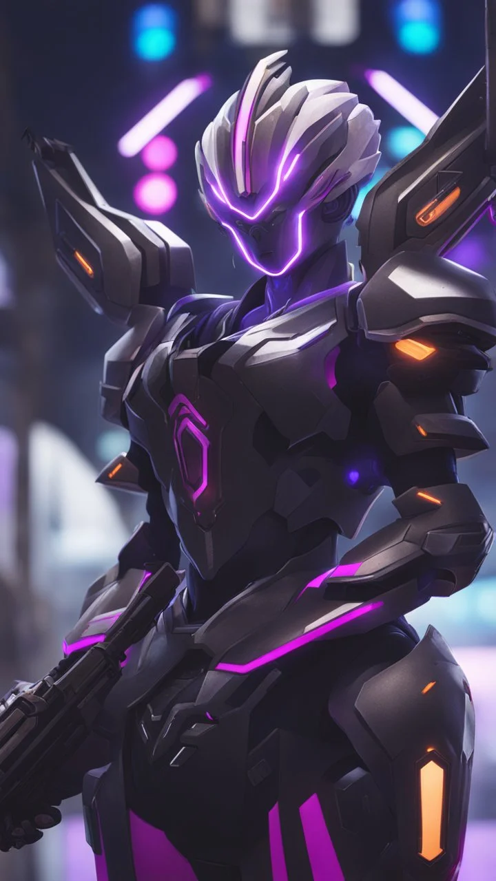 A close picture to Ramattra nemesis form in overwatch art style with black color and neon purple details