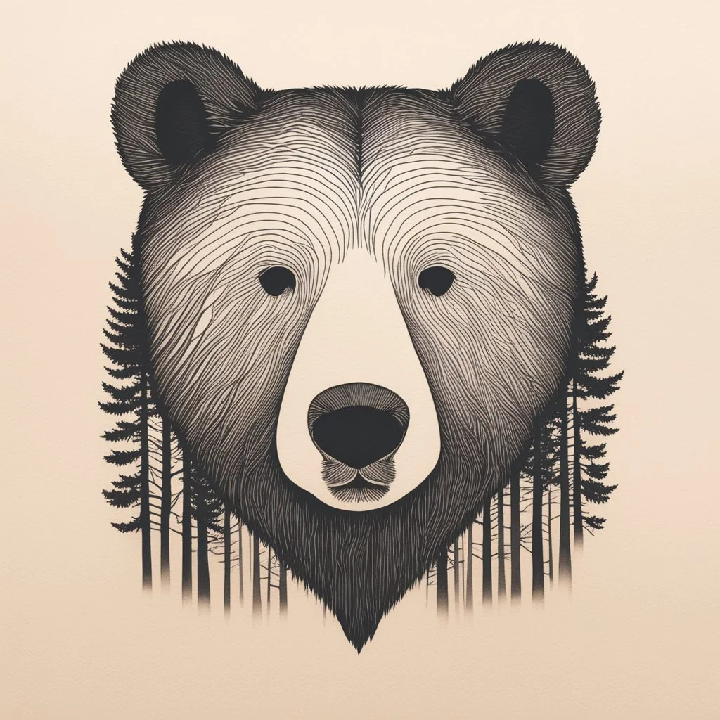 M shaped bear head combined with woods silhouette in background, letterpress style, minimalistic pencil art