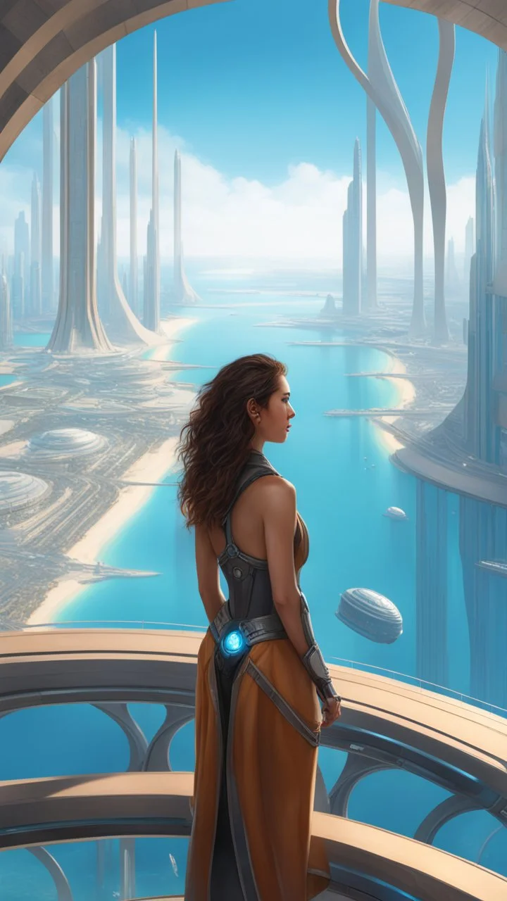 Woman looking down on a futuristic sci-fi city, with arches, skyscrapers, and arches, following the long curve of a long sandy bay with futuristic piers stretching out into the blue waters