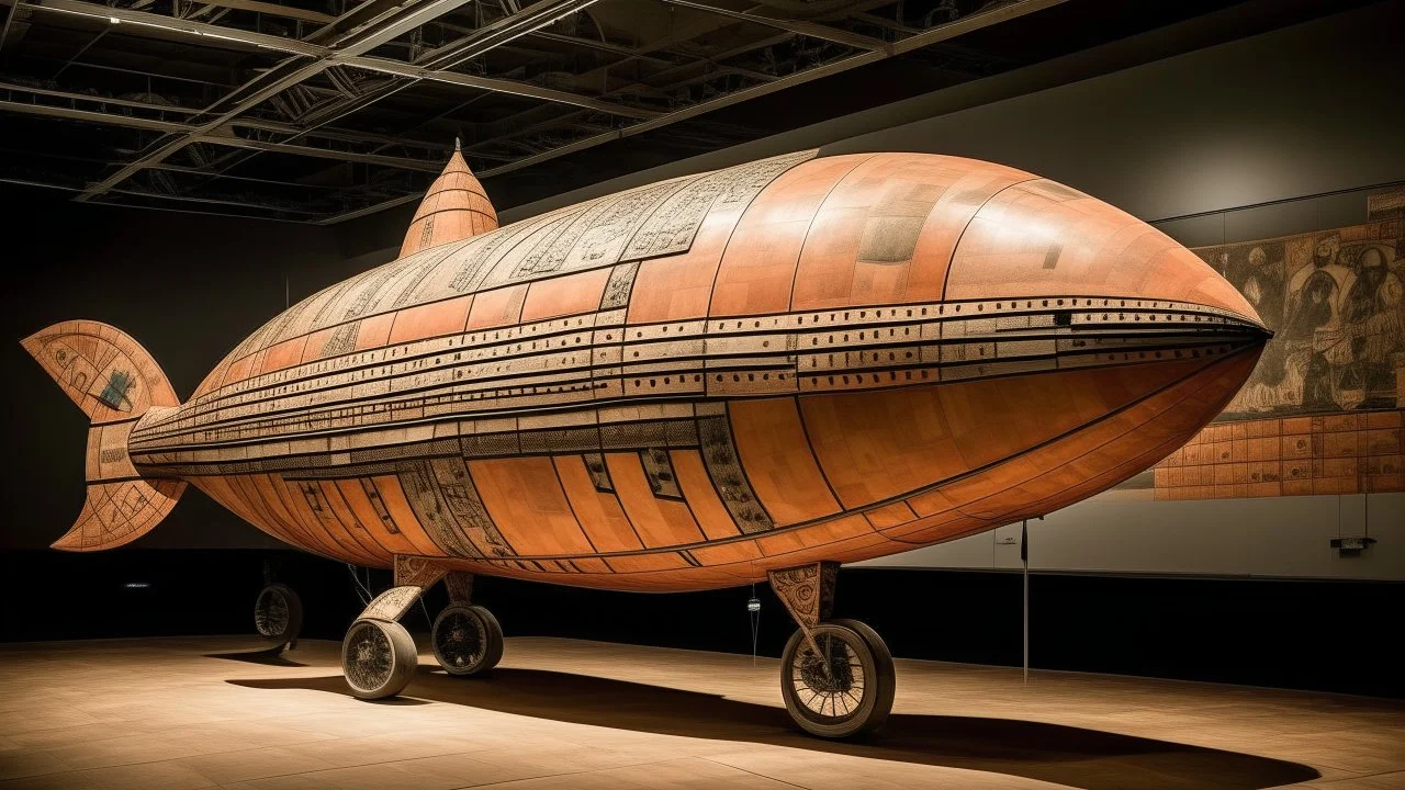 A light rosy orange colored military airship with tank planes designed in ancient Roman mosaics painted by Paul Klee