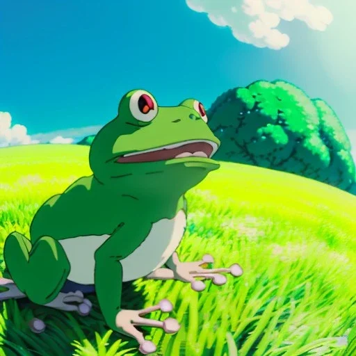 A green frog smiling with a big light blue hat on, wearing blue work overalls, skipping and dancing around during a sunny day. Bokeh, fisheye.