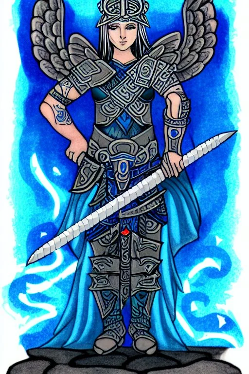 a person in runic armor with blue wings, blue short hair, runic tattoo and spell book