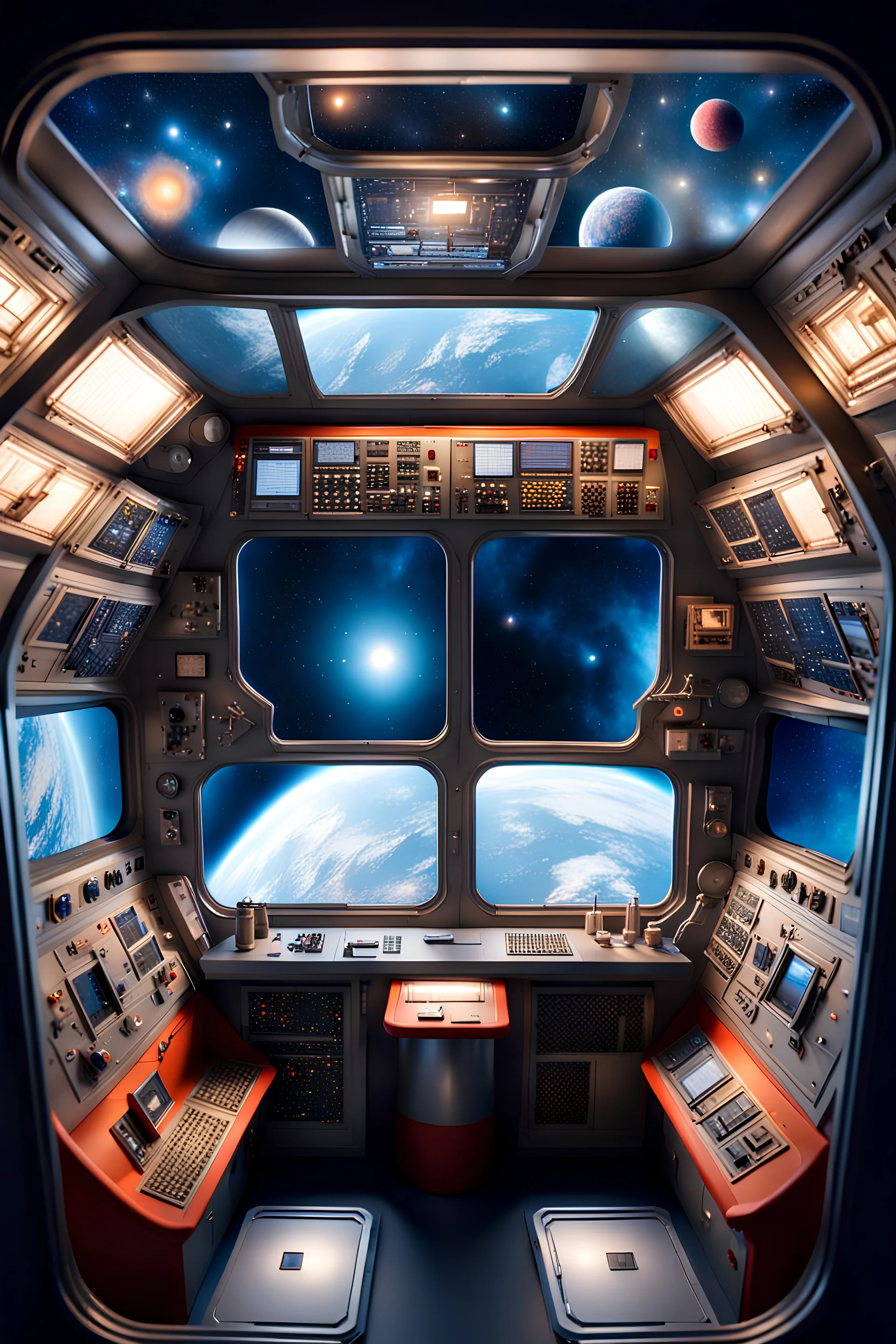 super Realistic photo of the interior of the command post of the space rocket, a wide view through the window into the cosmos
