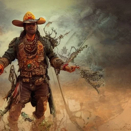 Insanely detailed photograph of an “ a midevil cowboy warrior "with worn Sombrero, handsome charo,cigar,glowing bluish green orb in outstretched hand, hyperdetailed painting by Ismail Inceoglu Huang Guangjian and Dan Witz CGSociety ZBrush Central fantasy art album cover art,8K, hdr, mysterious, flickeringlights ,Stoic