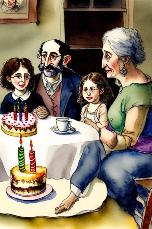 Jewish family is sitting at a table with a birthday cake. Watercolour