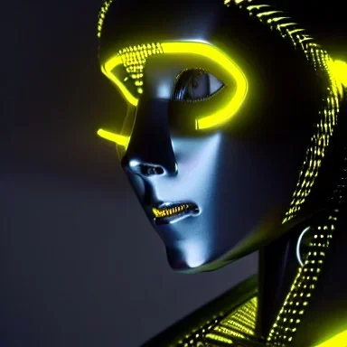 humanoid robot made of steel, beautiful face, short hair!!!, black and yellow, anatomically correct, futuristic, glowing details!, symmetrical, unreal engine, ray tracing, 8 k, uhd, ultrarealistic, clear, sharp, highly detailed