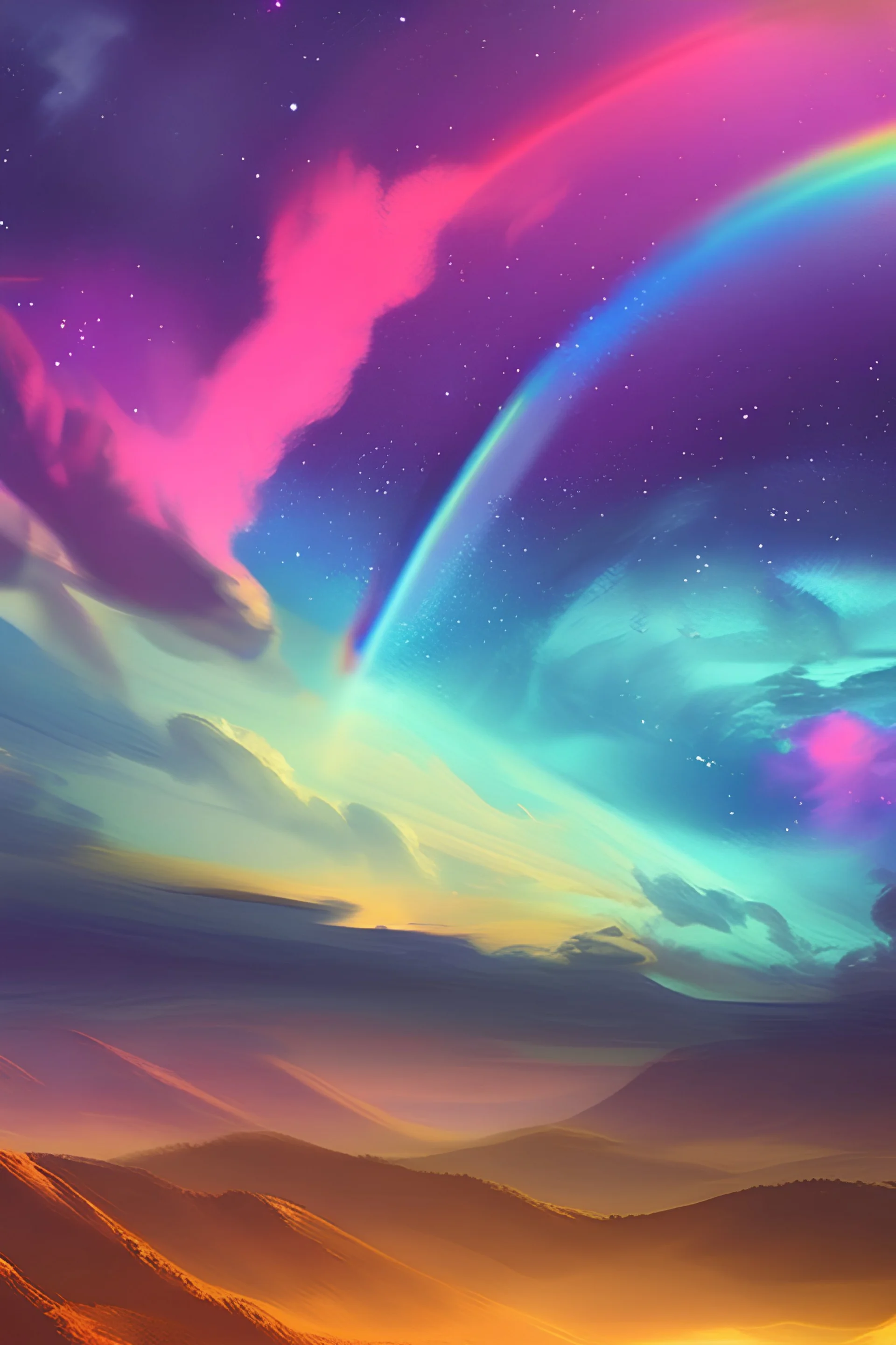 Landscape rainbow sky galaxy stars spaceships