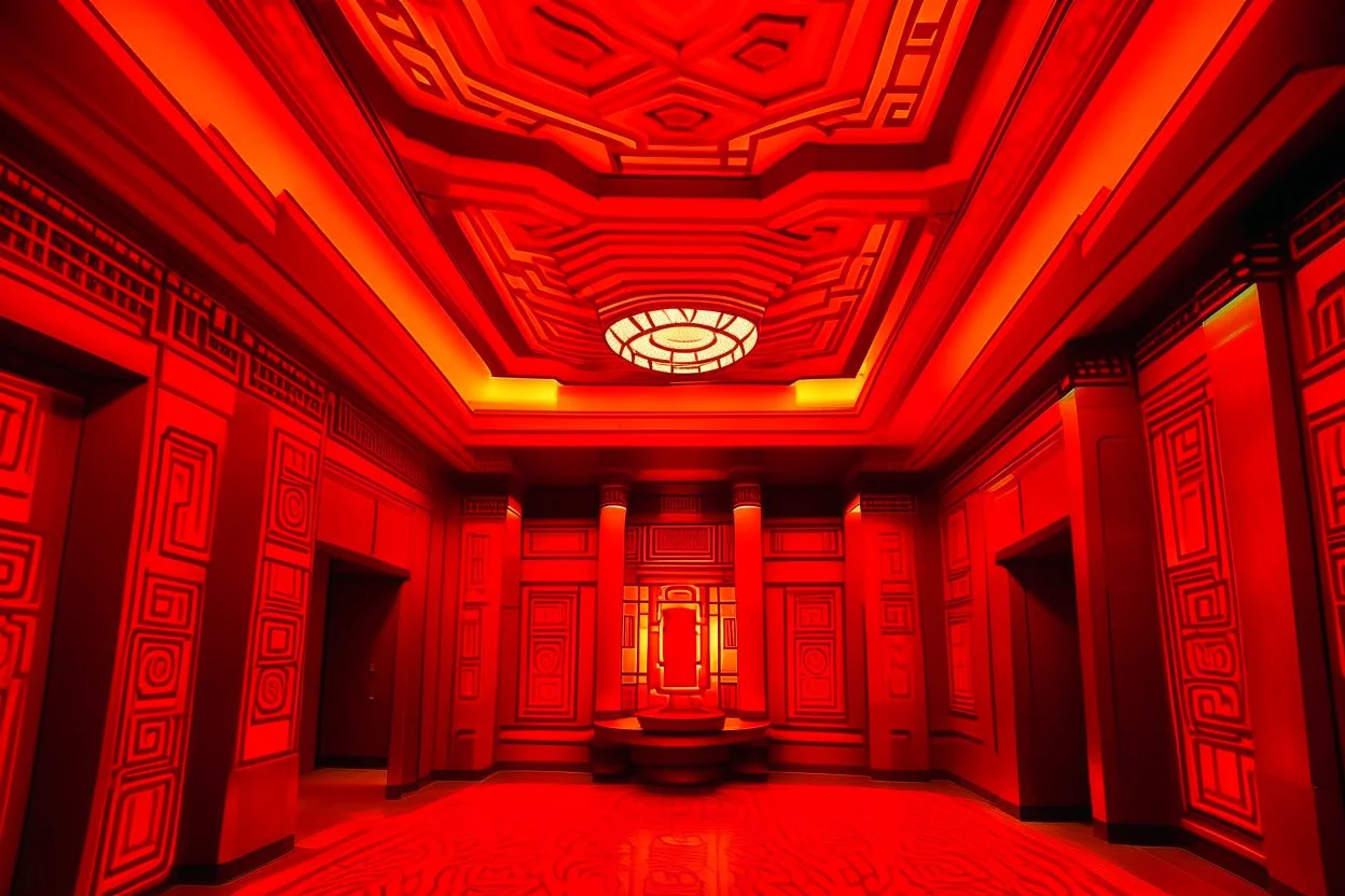 A scarlet fiery disco party painted by Frank Lloyd Wright
