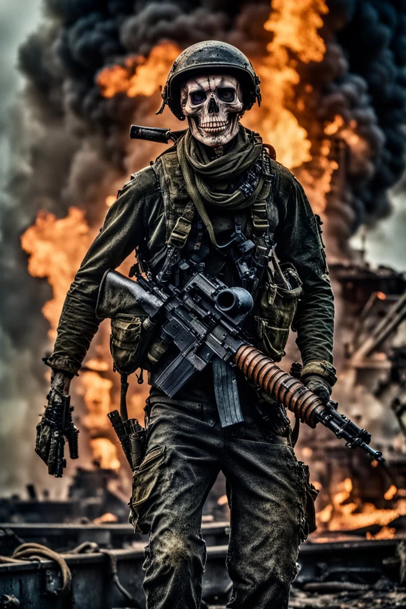 a scary looking skeleton, rising from the ashes, he was a war veteran, partially humanlike characteristics, army beret and ripped ammo wear, chaotic background, dramatic close-up action shot of him on a burned out war tanker a torpedo on shoulder -ready to fire ,gothic and chaotic background, 12k