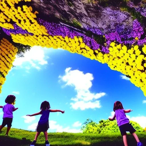 Fleurs jaunes, ciel bleu, portail céleste, cascade, dolmen, oiseaux, enfants souriants , couleur mauve,4k