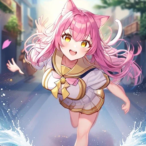 Clear focus,High resolution,High quality, Smiling, Pink long fluffy hair, Pink cat ears, Yellow eyes, Wearing a pink sailor uniform, running