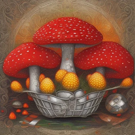 Red large Amanita muscaria mushrooms in a silver basket , Patchwork art,high detailed,dynamic colors,intricate.