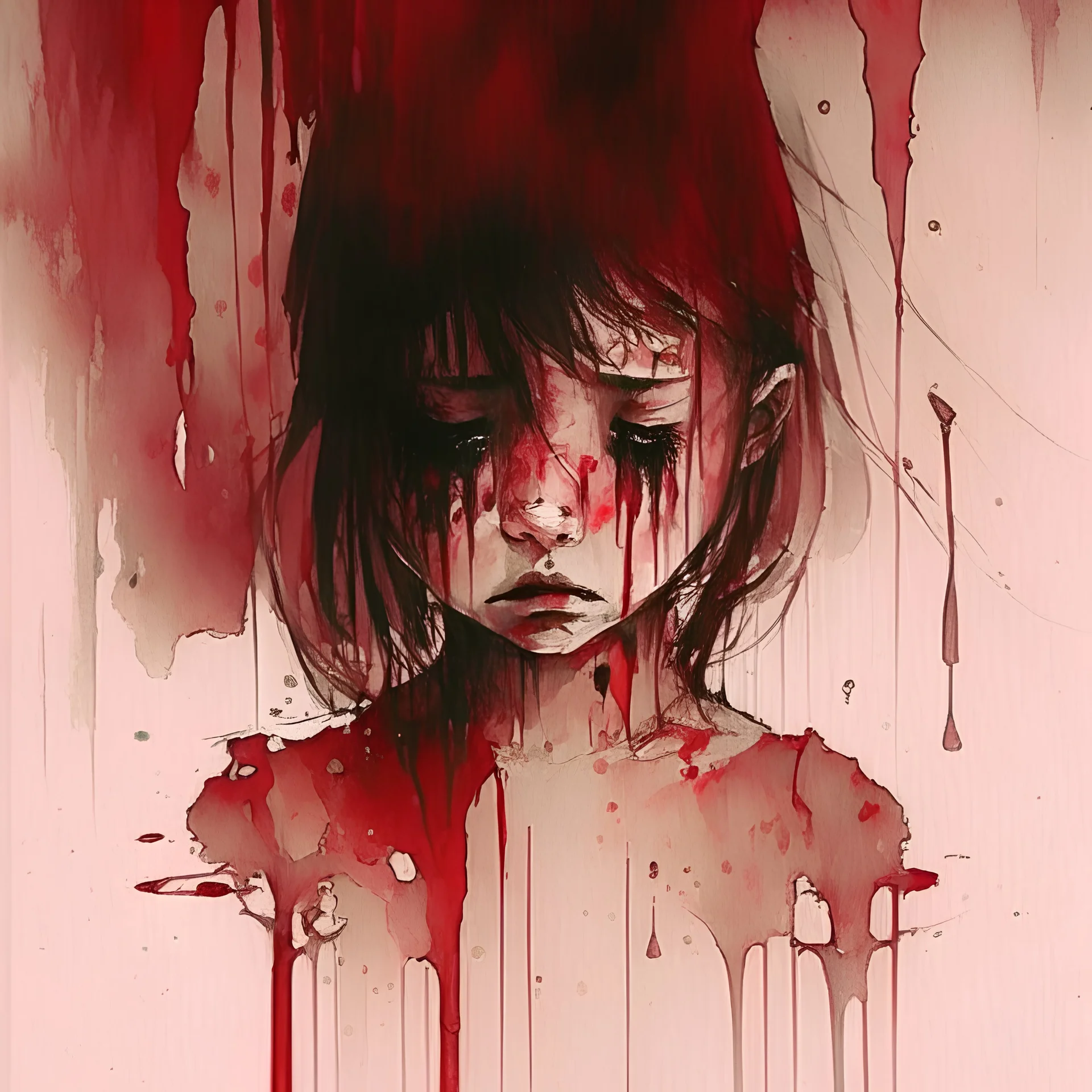 body anormal, cry blood, girl cute, watercolor illustration by <agnes cecile> <John Kenn Mortensen>, darkred tones,