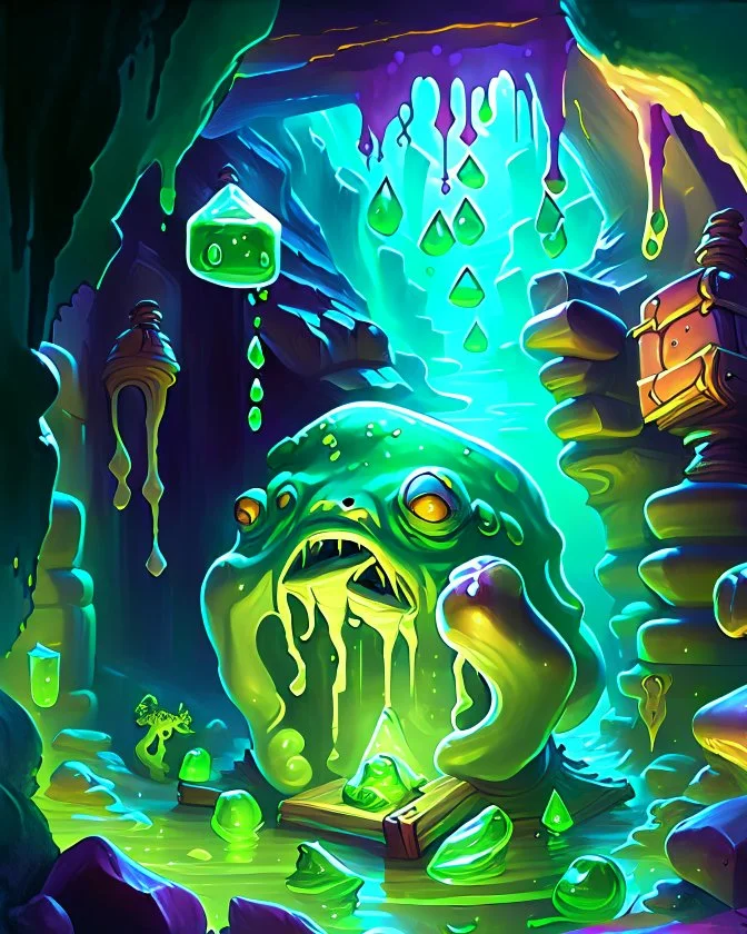 a slimy dripping gelatinous cube in vast dungeon cave room with treasure chests rpg art painterly