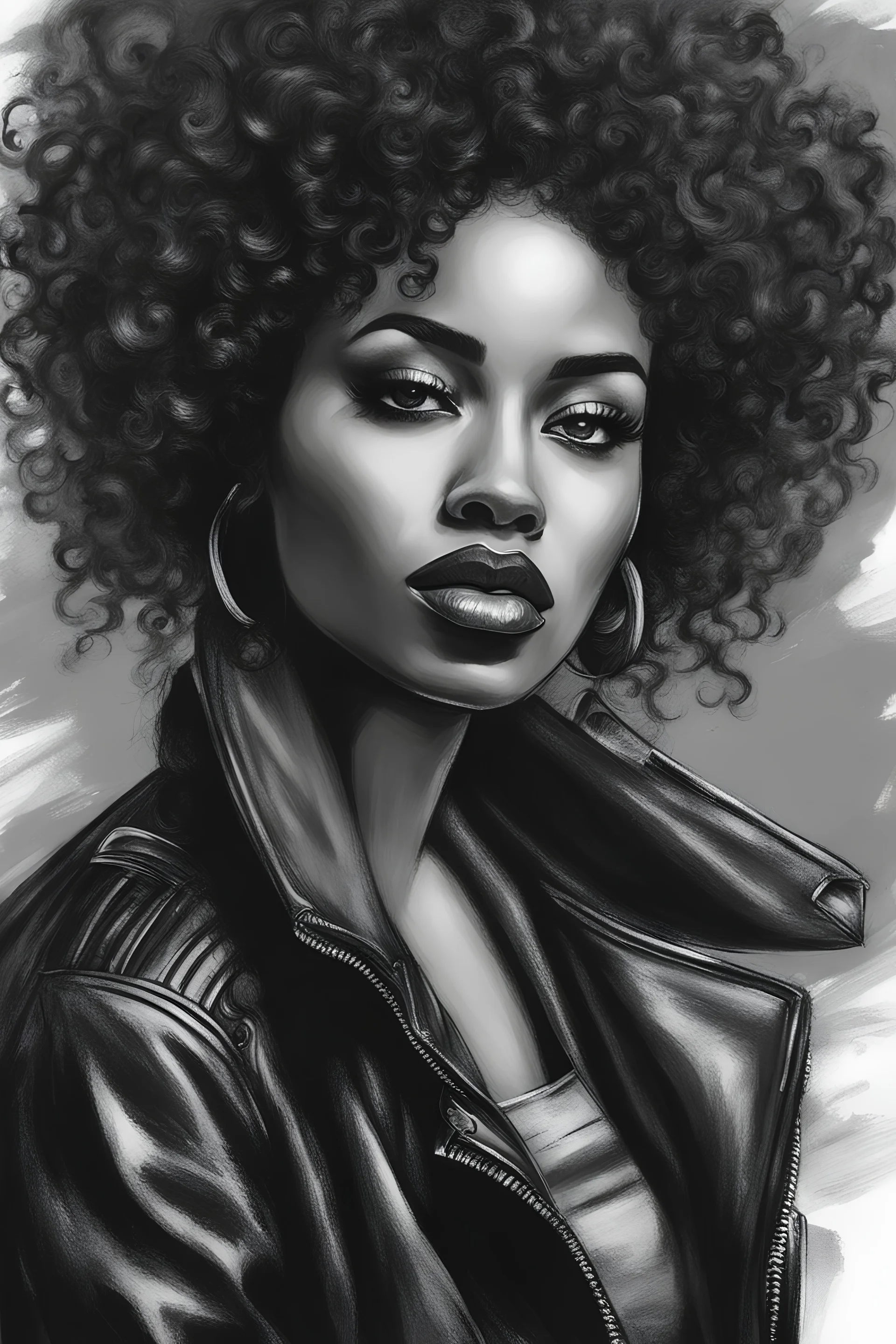Black and white charcoal drawing of a beautiful black woman with a striking, edgy curly look. She has a short, modern curly hairstyle with textured layers. Her makeup is bold and dramatic, with thick eyelashes that enhance her expressive eyes and is wearing a leather jacket.