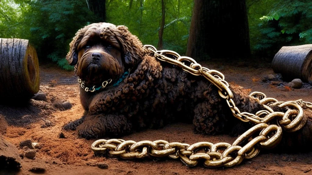 Backyard dog chain attached to a giant log made of feces