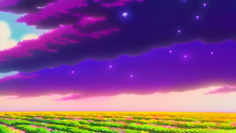 purple sky full of stars, sunflower field, anime, high res, makoto shinkai