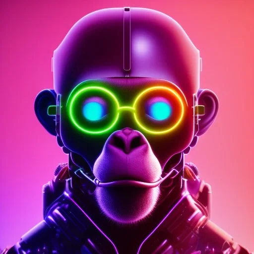 A beautiful portrait of a cyborg monkey purple neon color scheme, high key lighting, volumetric light high details psychedelic background