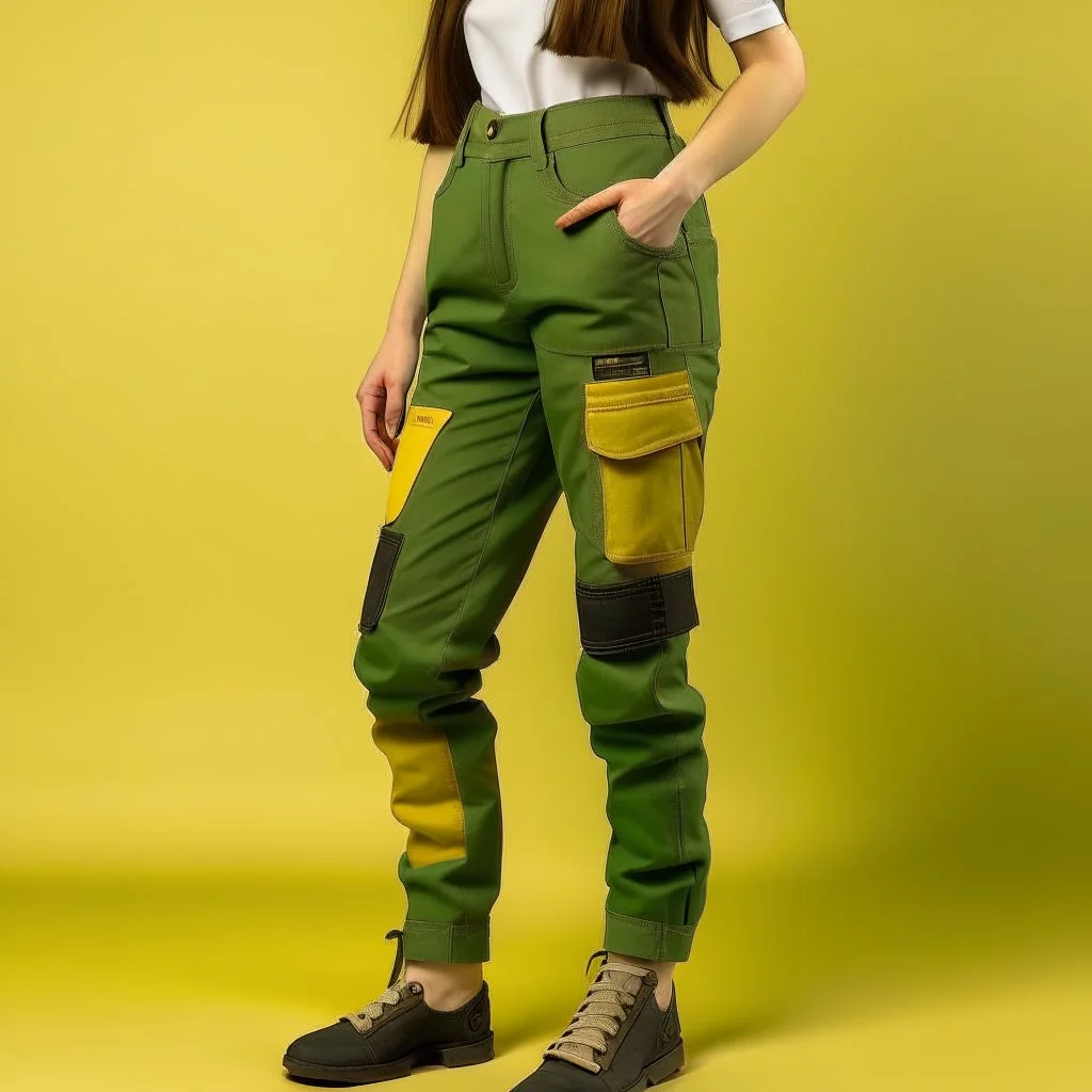 Women model wearing cargo jeans with patch with twill armor jellow and green