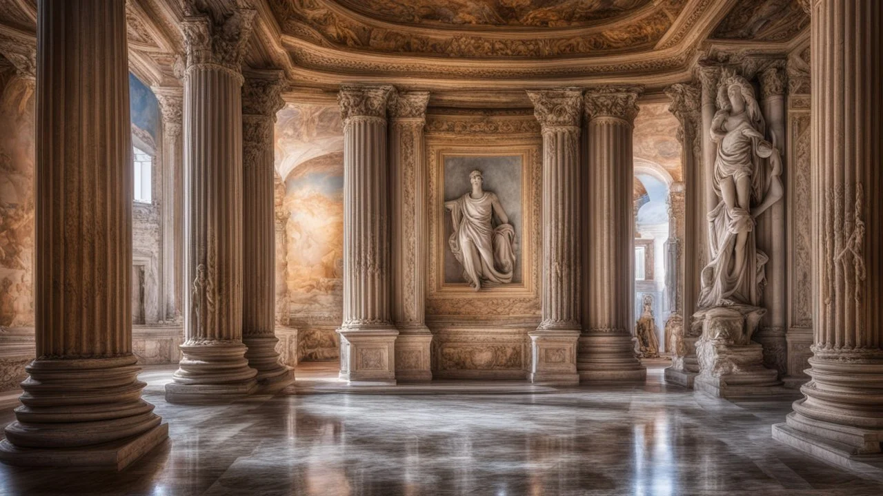 inside a palace in ancient Rome showing rooms, halls, courtyards, sparkling fountains, luxury, magnificent, marble statues, coloured pictorial tapestries, paintings, dream world, calm beauty, fantasy world, magic, splendor, uplifting, inspiring, therapeutic, chiaroscuro, color, award-winning colour photograph, beautiful composition, exquisite detail, Nikon 135mm