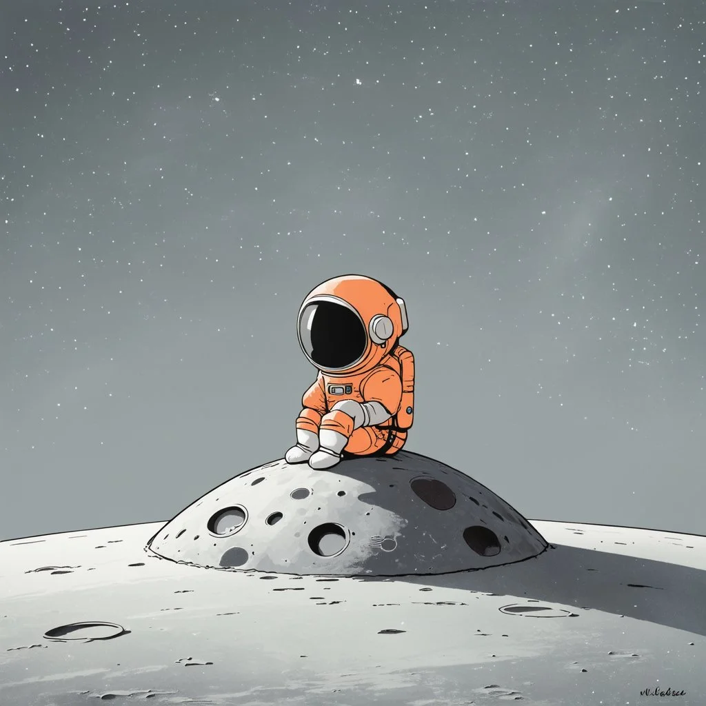 A whimsical digital illustration of a cartoonish astronaut, delicately rendered in soft pastel hues, sitting on a tiny, cratered moon, lost in thought as they stare out into the vast, starry expanse of empty space, their bright orange spacesuit a pop of color against the muted, celestial backdrop, with subtle texture and gentle shading adding depth to the minimalist composition, evoking a sense of wonder and contemplation, as if pondering the mysteries of the cosmos, amidst the eerie silence of