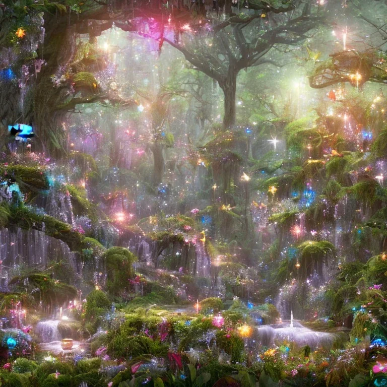 magical forest with sparkle and jewel butterflies and flowers and pink mushrooms waterfall sky