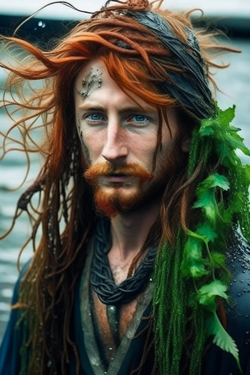 wet pirate nereid male with seaweed in auburn hair