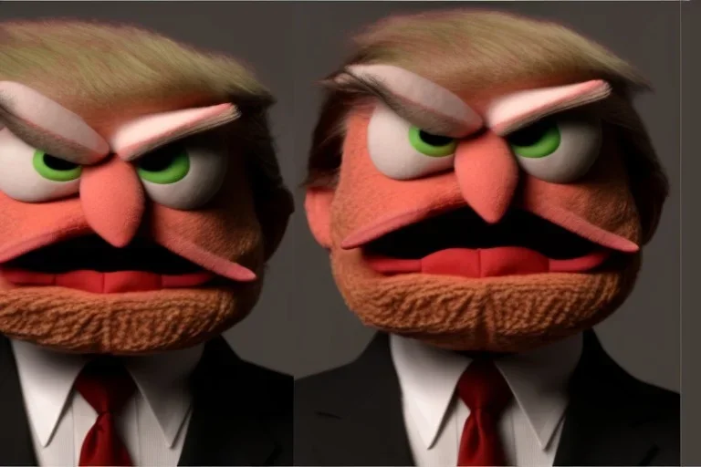 Angry muppet trump in a suit with a spray tan, No tongue