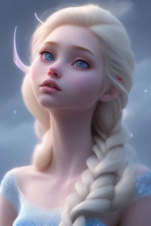 20 year old girl, cute, beautiful, blonde hair, Elsa hair, blue eyes, big eyes, pale skin, blue dress, ice dress, long eyelashes, pink lipstick, thin lips, small nose, 8k resolution concept art portrait by Greg Rutkowski