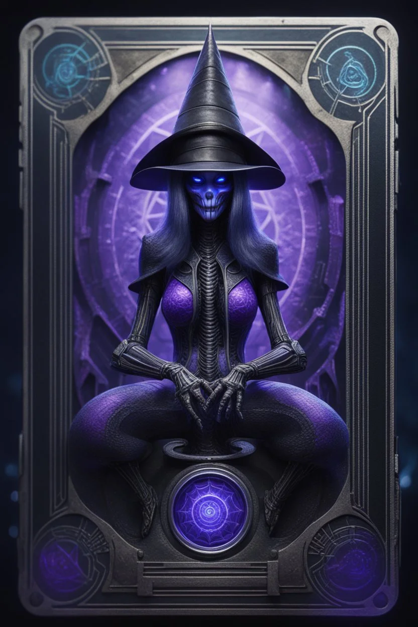 sacred geometry framed playing card, black, blue and purple drum set spider serpent priestess cyber in witch hat shadows boss card in the style of Giger and fallout 4 ,bokeh like f/0.8, tilt-shift lens 8k, high detail, smooth render, down-light, unreal engine