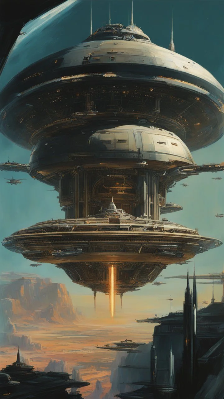 persian style,A spaceship docked at an alien space station, in the style of John Berkey and Gerald Brommell, scifi art. --v 6. 0 --ar 51:64