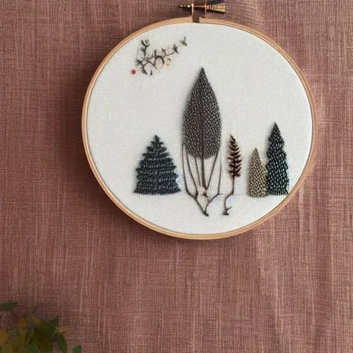 exquisite whimsical forest in embroidery hoop, intricate, highly detailed, linen and wood backdrop