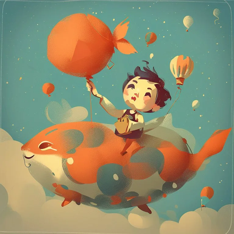 Charming stylized characters. Large heads, big expressive eyes, small, delicate features. Done in the playful and minimalist style of modern children’s book illustration. Diffused outlines, misty, dream-like quality. Colors are warm and subdued illustrating a cheerful demeanor. With a touch of quirkiness. Show me a cute young kid with a balloon in the shape of a big fractal-decoration-covered fish standing on s little planet floating in a sky painted with stars, suns and planets like ones one wo