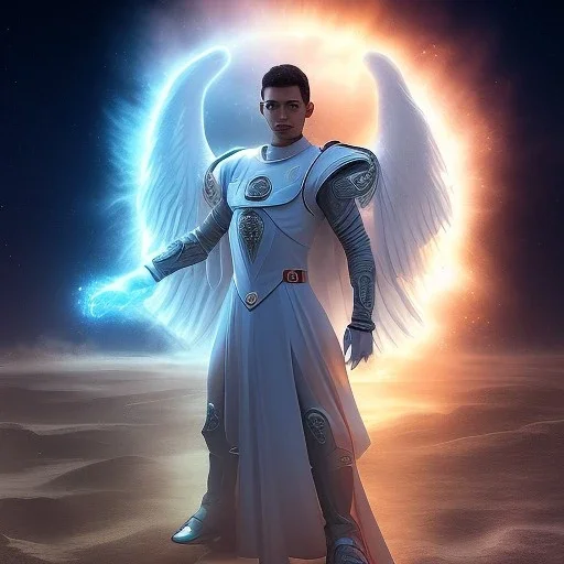 The first image is of the main character's full body. He’s to look like a powerful angel, symbols on his hands glowing, His background should be that of space above with stars and standing on a paradise of a planet. His belt can transform into a white dragon.