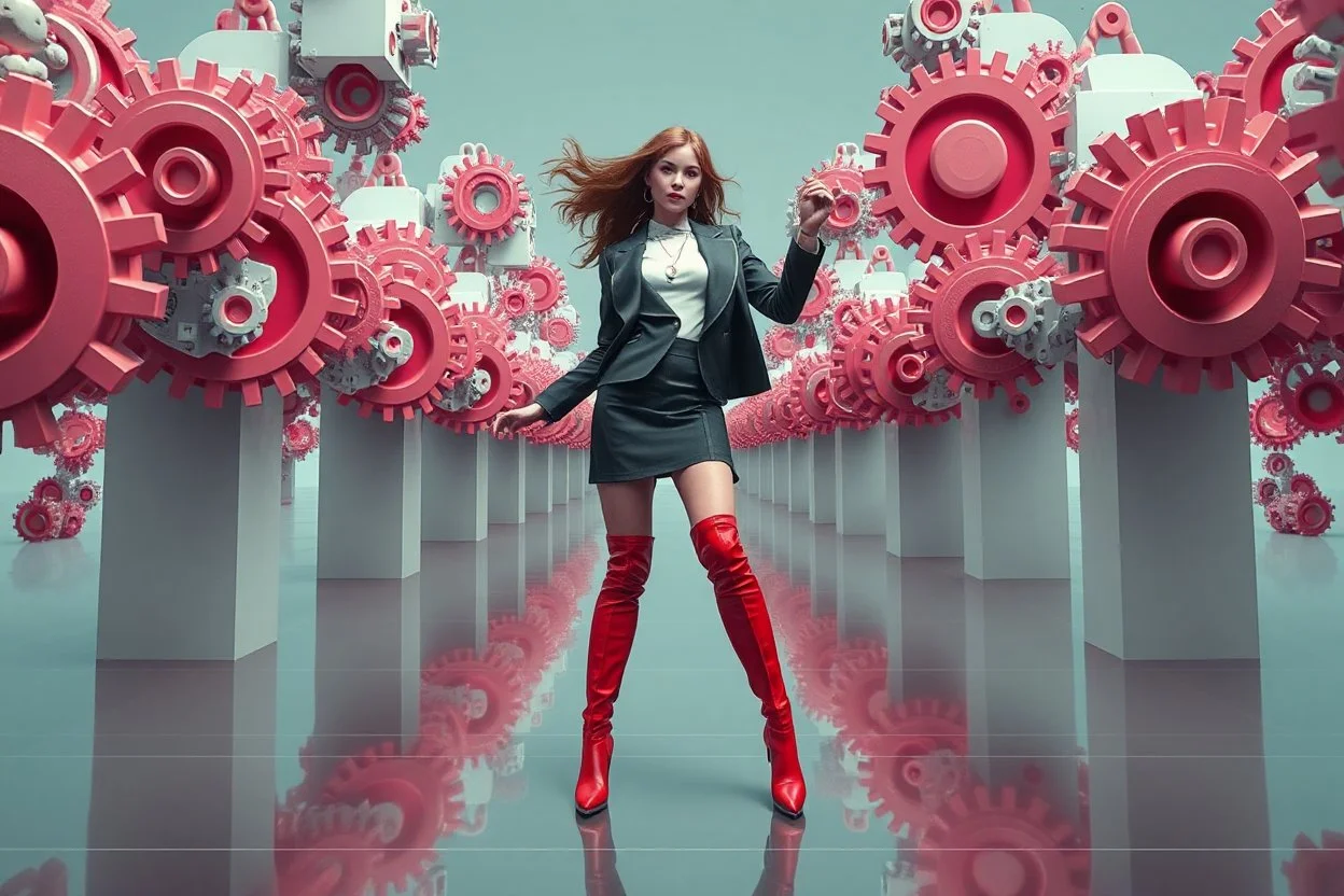 beautiful full body with long boots and modern dressed lady in surreal world made of recursive animating fractal random size modern geometrical structures ,color gears, full body happy dancing to camera
