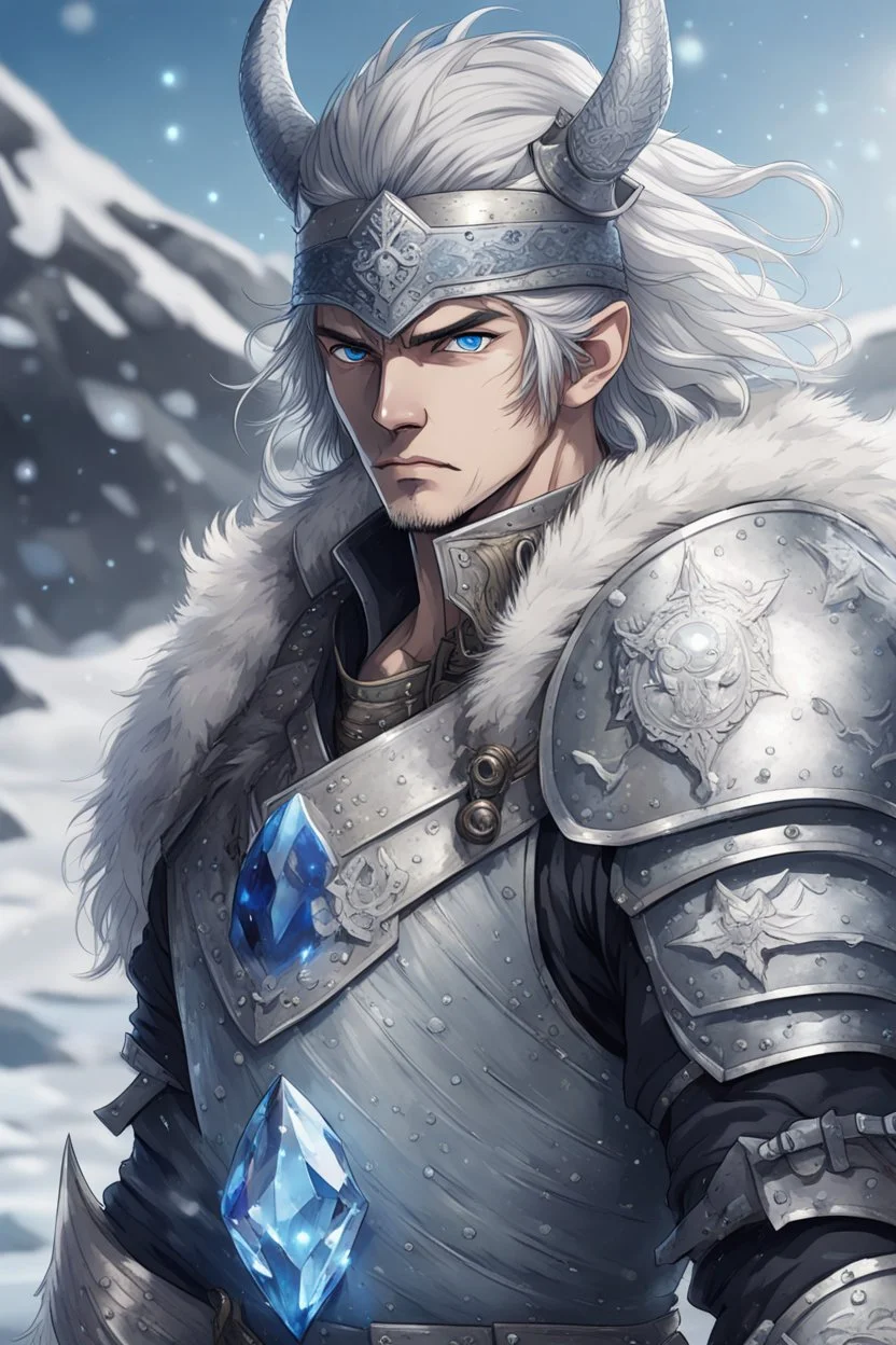 in anime style, 1man, a man with blue eyes and silver hair man in silver Viking armor with fur around the neck with blue crystal on his chest holding an axe in his hands standing on a pirate ship in the artic, warrior in anime style,