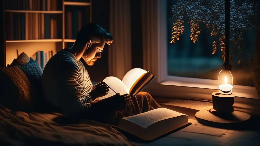 The image portrays an atmosphere of tranquility and focus, with an individual reading a book in a serene and comfortable setting. It reflects the spirit of self-improvement and personal growth, as the person appears engrossed in exploring inspiring content that contributes to their personal development and knowledge acquisition. The appropriate lighting and intricate details enhance a positive and motivating ambiance for learning and advancement.