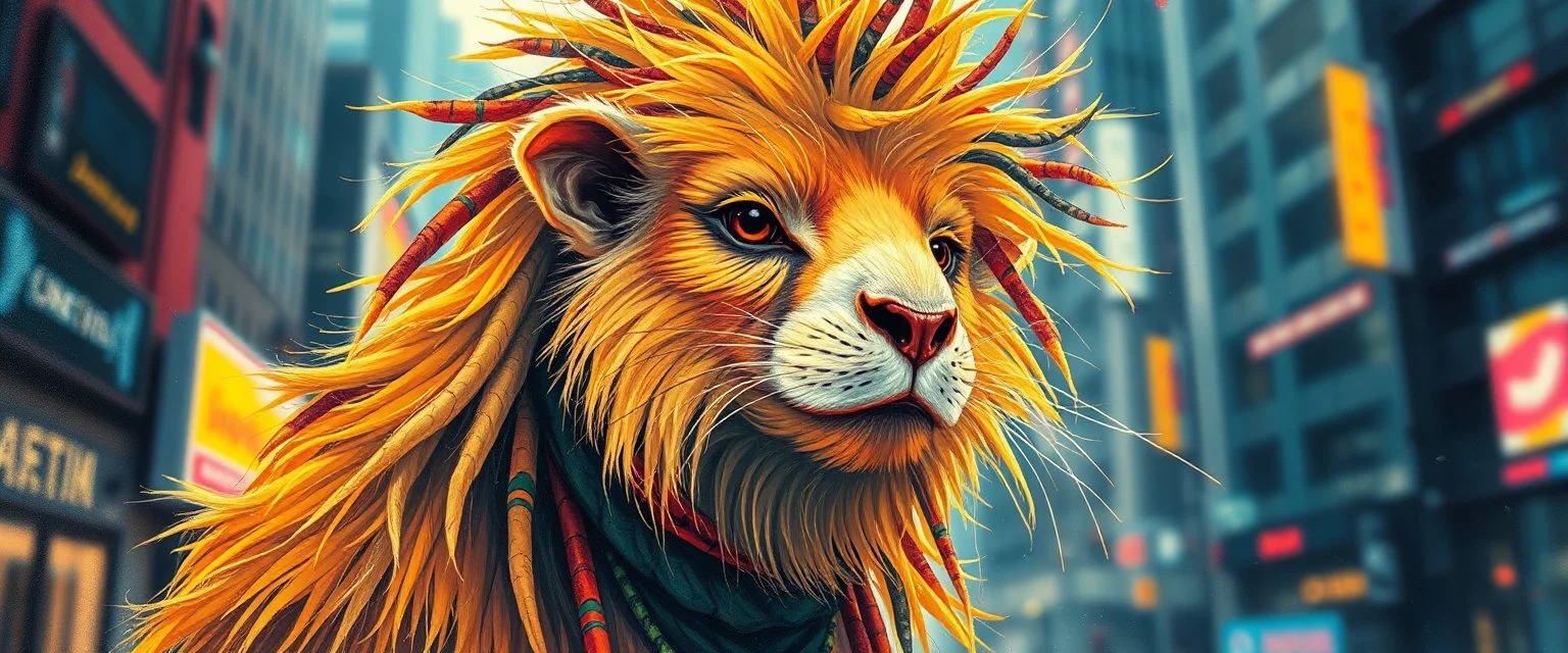 wall poster of transparent weasel rasta man with cute fur, in big cyberpunk city crossover, volume light and motion blur, airbrush and pen outline and paint smears, and splatter drops