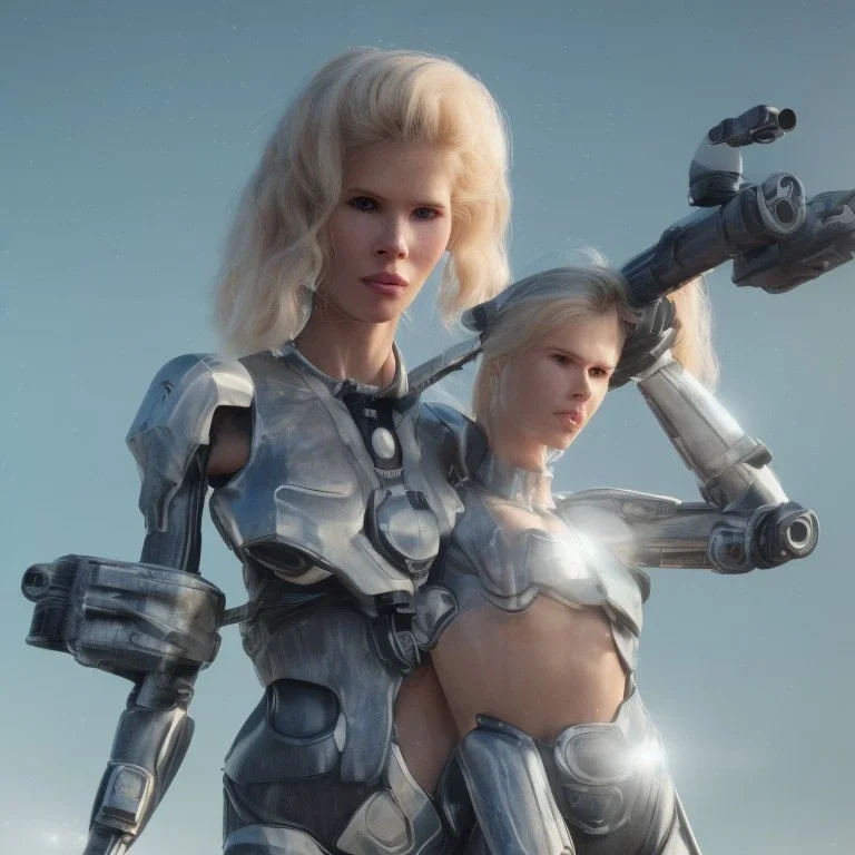 Ultra Realistic retro sci-fi movie war scene, waist up view portrait, blonde woman pointing a gun, sweet young Claudia Schiffer face, perfect iris, glow eyes, makeup, weapon. Drones background, Retro sci-fi style, helmet, tight latex coat, fog, rain, soft color, highly detailed, unreal engine 5, ray tracing, RTX, lumen lighting, ultra detail, volumetric lighting, 3d, finely drawn, high definition, high resolution.